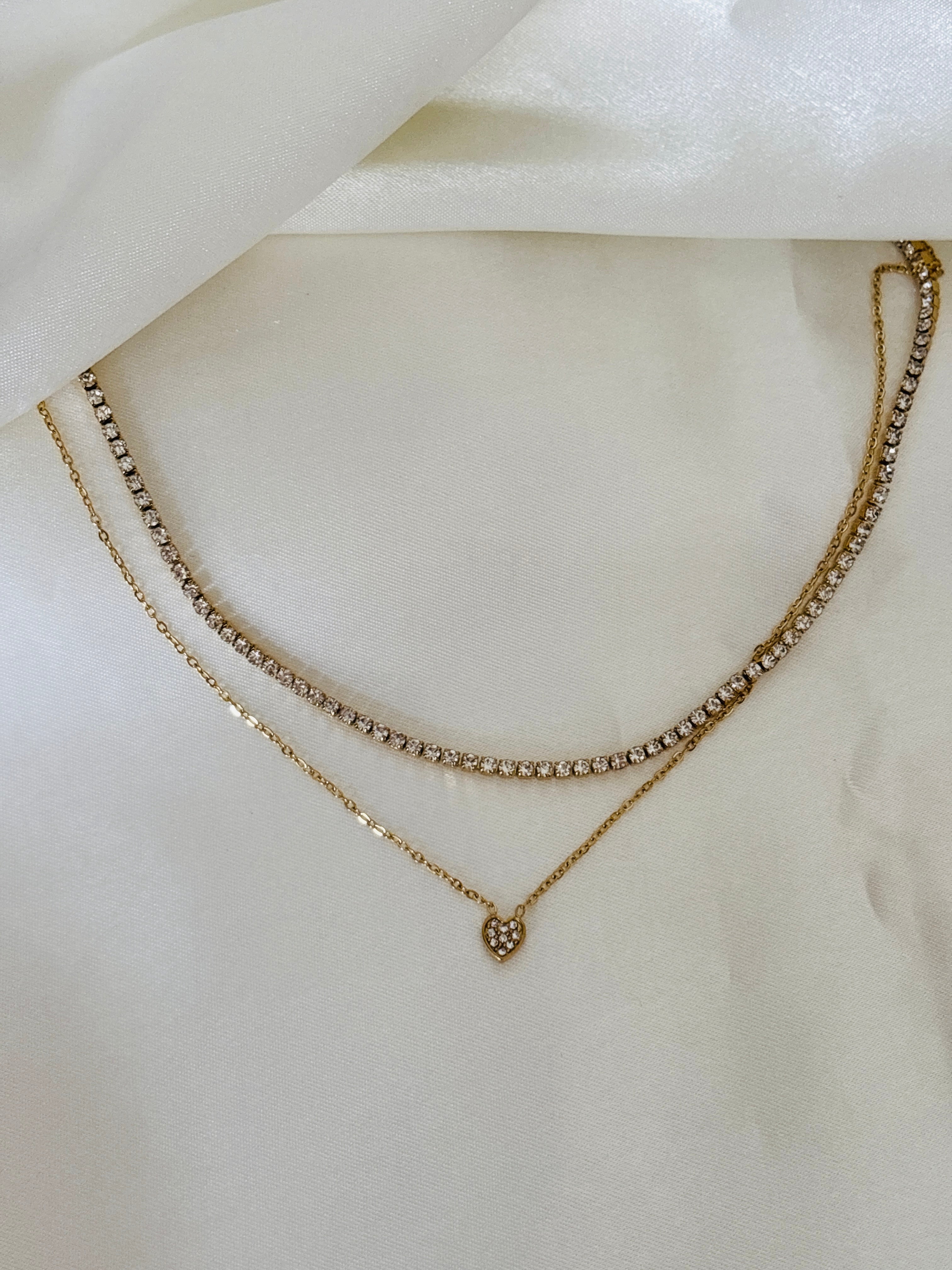Tennis layer with heart chain necklace