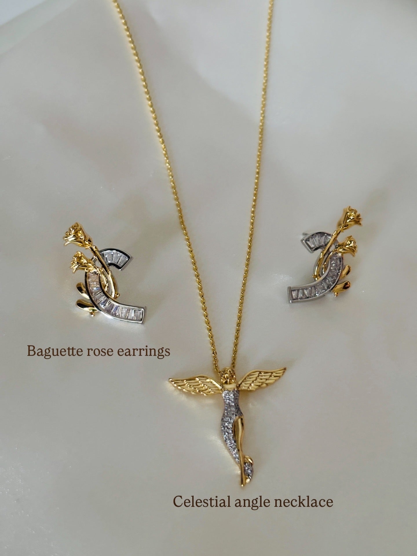 Baguette rose earring and celestial angel necklace combo