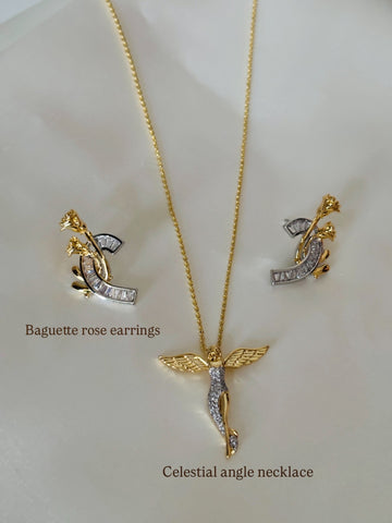 Baguette rose earring and celestial angel necklace combo