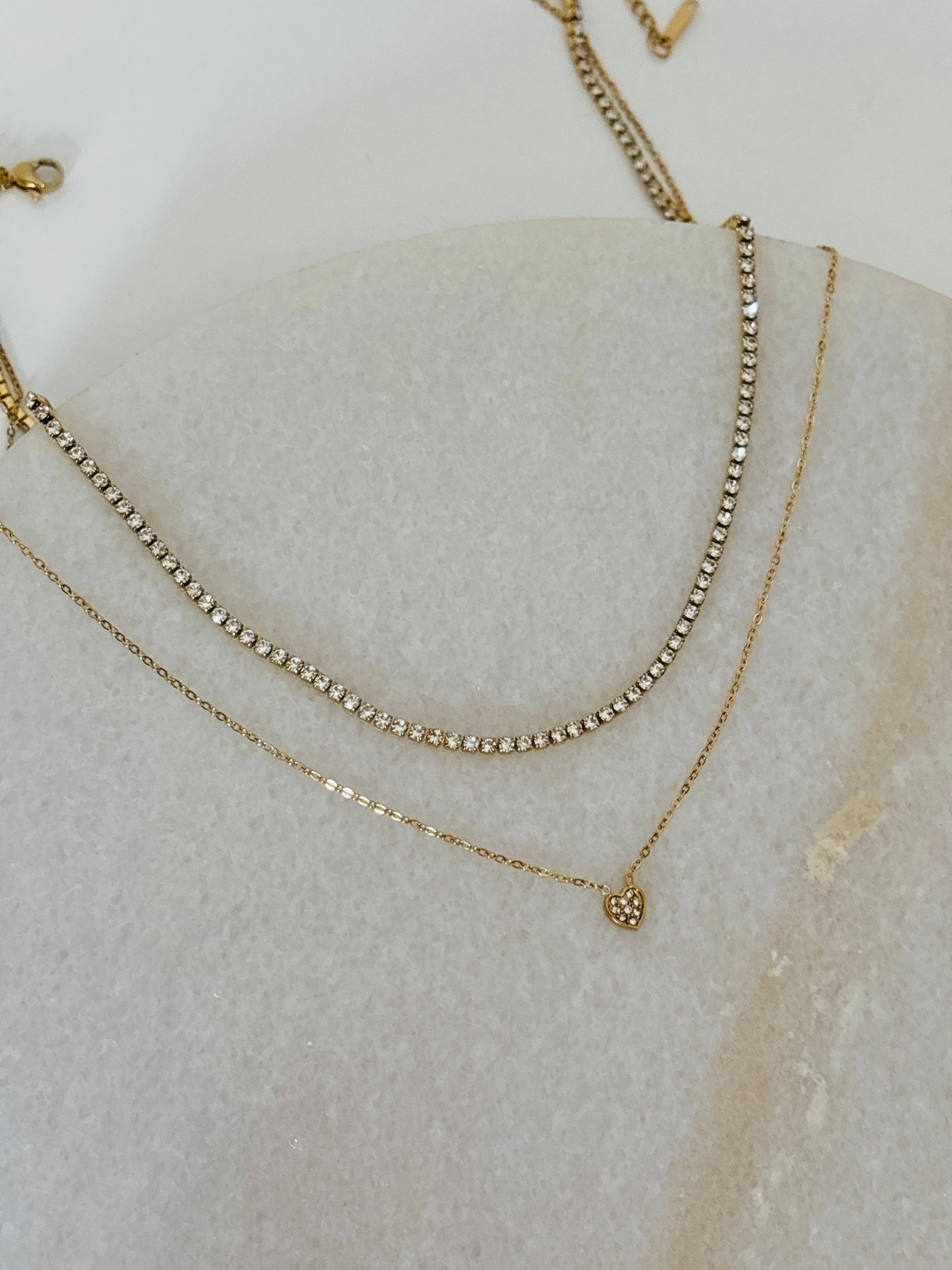 Tennis layer with heart chain necklace