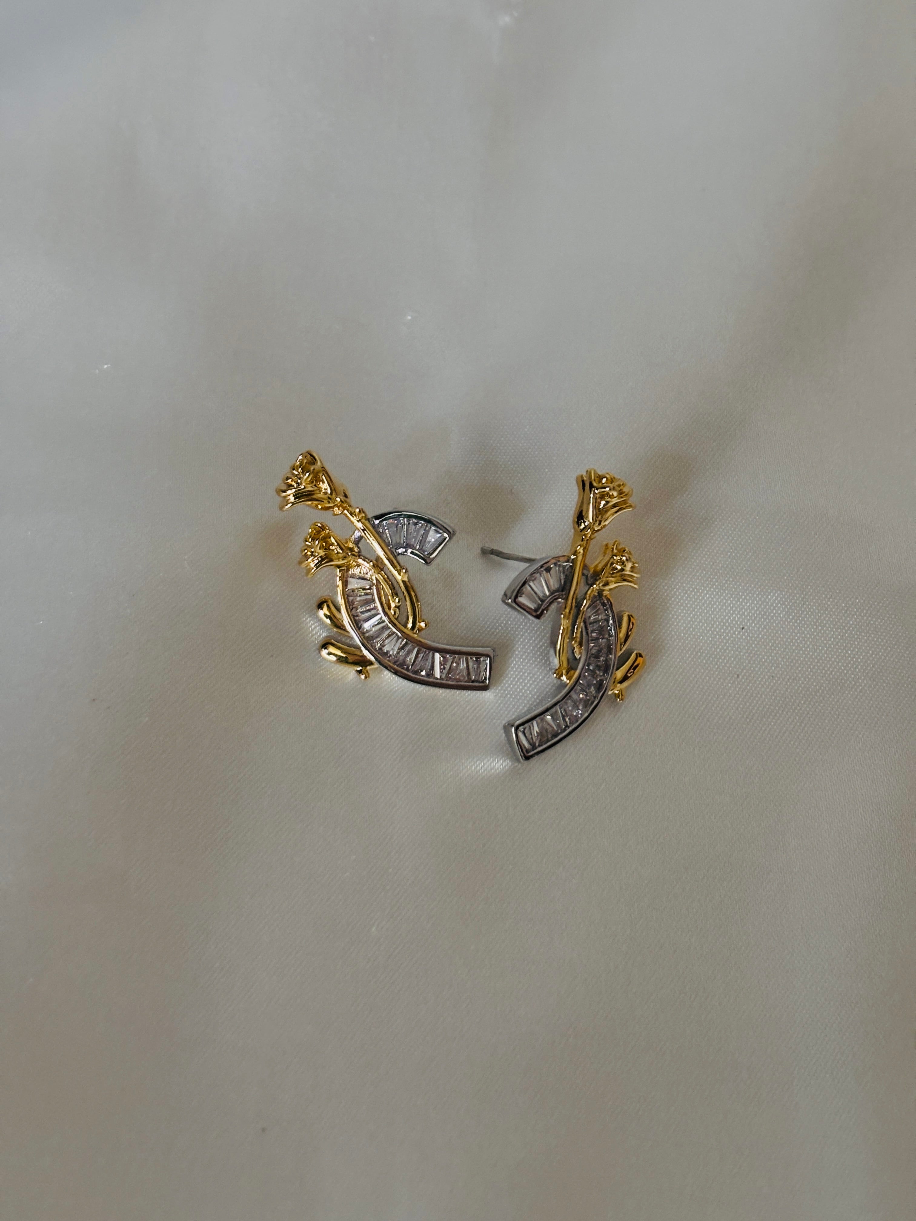 Baguette rose two tone earrings