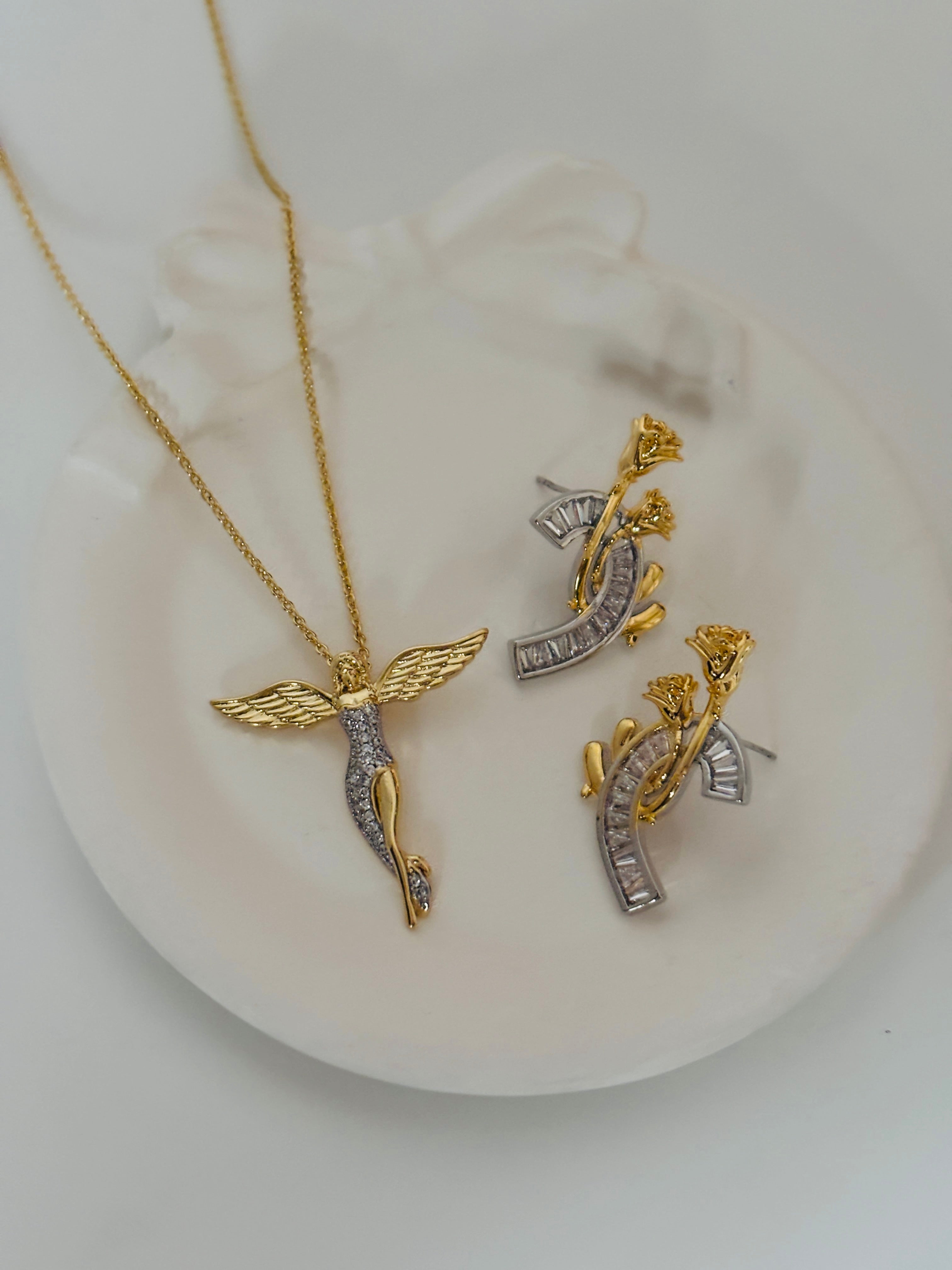 Baguette rose earring and celestial angel necklace combo