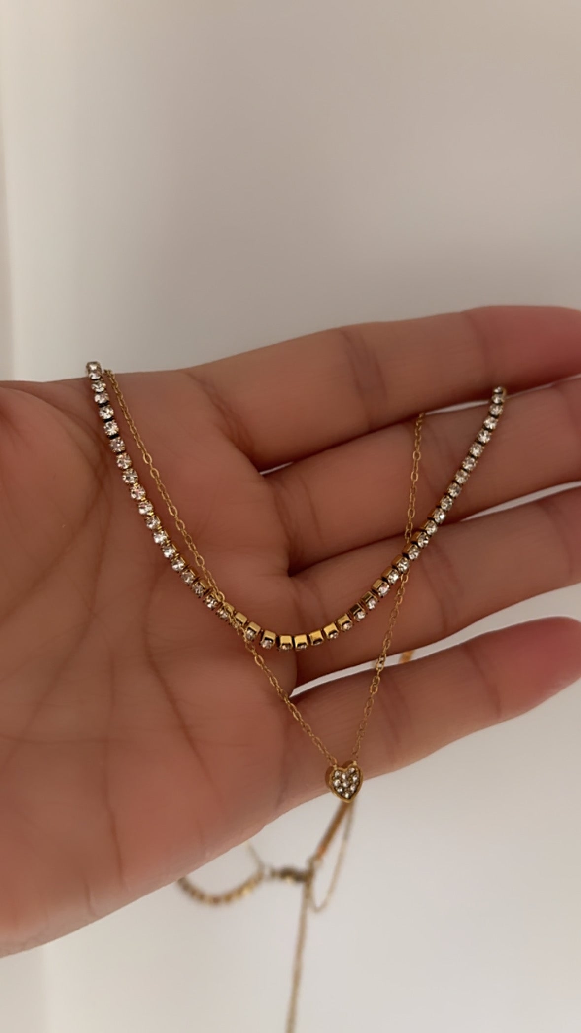 Tennis layer with heart chain necklace