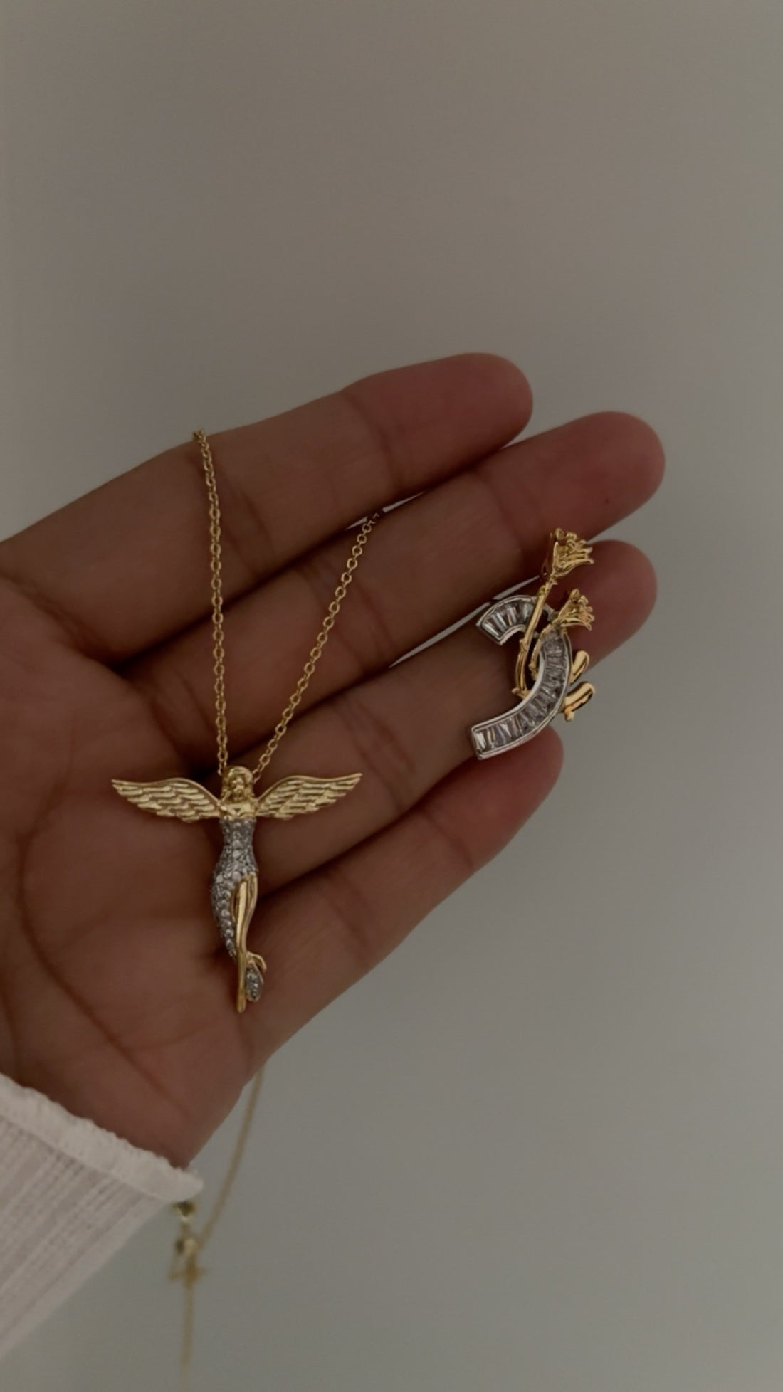 Baguette rose earring and celestial angel necklace combo