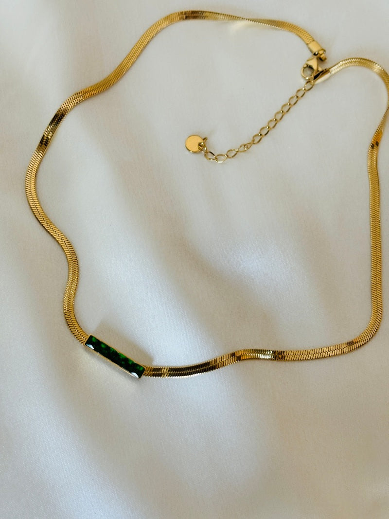 Emerald Bar Stone Snake Chain Necklace