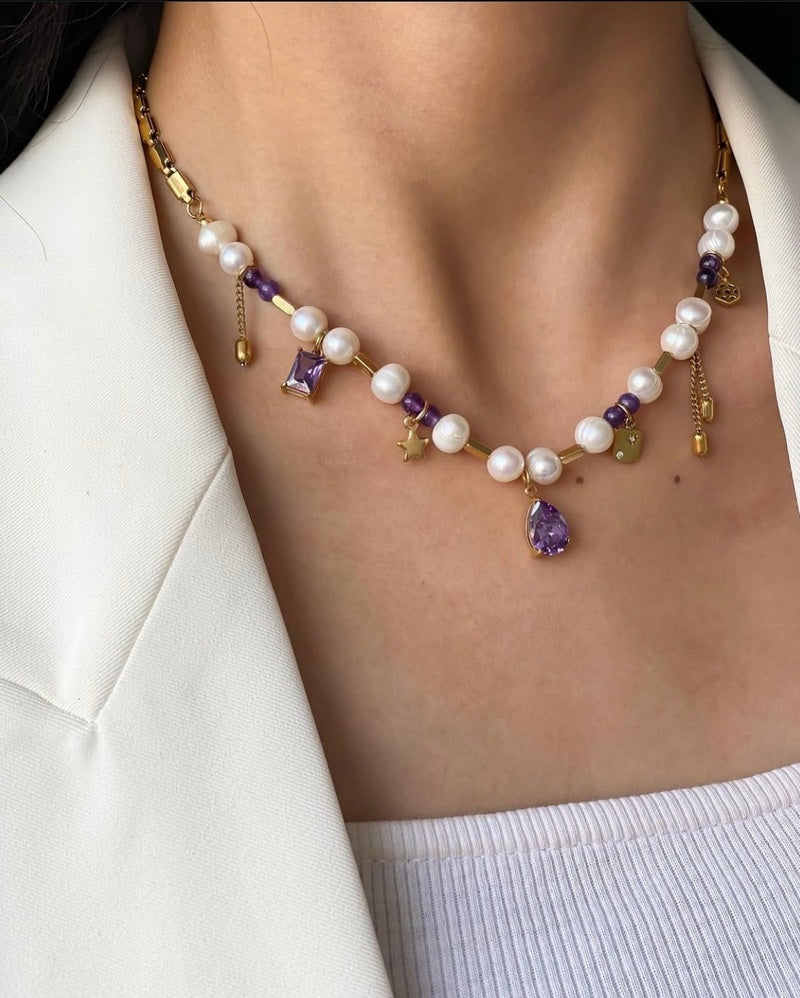 Purple Beaded Gemstones Necklace